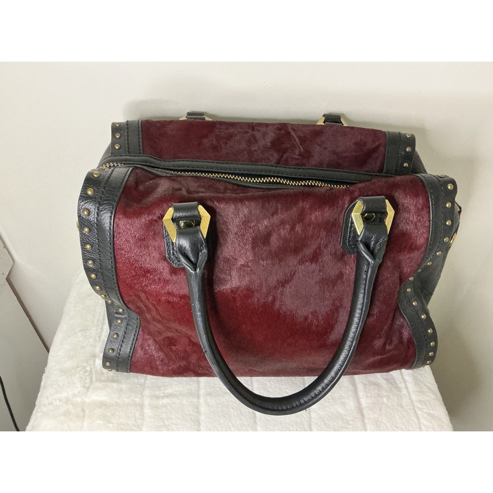 OrYANY Burgundy Cow Hair and Black Leather Studded Satchel Handbag Gold Hardware
